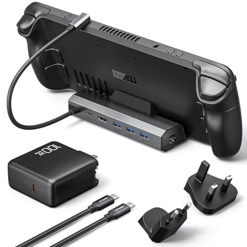 JSAUX 4K@120Hz Docking Station and 100W Charger Compatible with ROG Ally X/Steam Deck OLED/Legion Go (S), 6-in-1 Dock with HDMI 2.1, Gigabit Ethernet, 3 USB 3.0 and 100W Charge-HB0603 - color: 6-IN-1 with 100W Charger