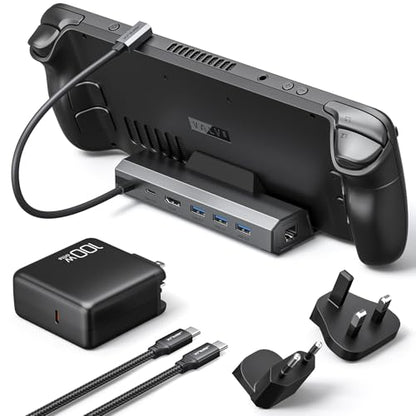 JSAUX 4K@120Hz Docking Station and 100W Charger Compatible with ROG Ally X/Steam Deck OLED/Legion Go (S), 6-in-1 Dock with HDMI 2.1, Gigabit Ethernet, 3 USB 3.0 and 100W Charge-HB0603 - color: 6-IN-1 with 100W Charger