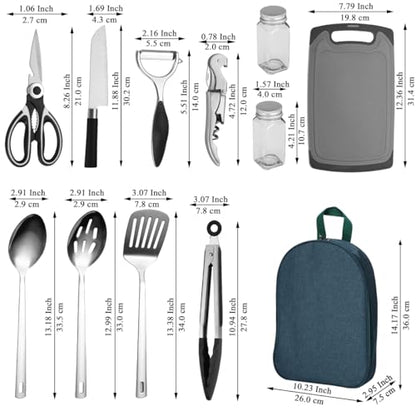 Evanda Camping Kitchen Cooking Utensil Set 10 Piece, Stainless Steel Outdoor Cooking and Grilling Utensil Organizer Travel Set Perfect for Travel, Camping, RVs, BBQs, Picnics, Parties and More