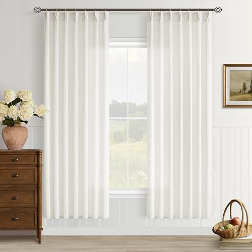 Pinch Pleated Linen Curtains 72 Inch Length 2 Panels for Dining Living Room Memory Trained Shape Cream Ivory Semi Sheer Short Pinch Pleat Drapes with Hooks Rings Bedroom Window Curtain Cabin Closet - color: Natural, size: 40"W x 72"L (Pack of 2)