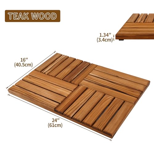 Utoplike Teak Wood Bath Mat, Wooden Shower Mat for Bathroom, 24 x 16 inch Non Slip Wood Floor Sturdy Mat for Inside Shower Luxury Spa Home or Outdoor - size: 24" x 16" (Rectangular)
