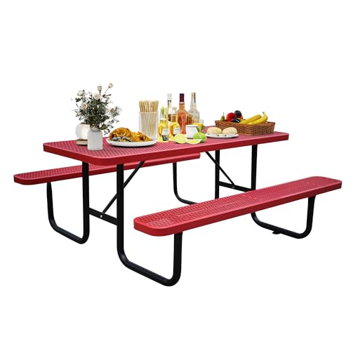 6FT Rectangular Metal Picnic Table for Outdoors, Commercial Steel Metal Picnic Tables, Heavy Duty Sturdy Picnic Tables Furniture Set for Patio Garden Courtyard BBQ, with Umbrella Hole, Red - color: Red, size: 6FT Rectangular