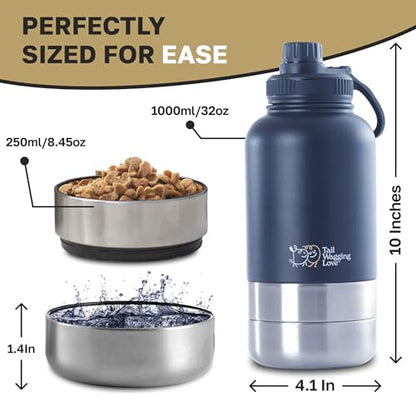 32oz 3-in-1 Portable Travel Water Bottle, Food & Hydration Bottle - Dual Use for Humans & Pets with Detachable Bowls, Stainless Steel, Keeps Water Hot for 6hrs & Cold for 12hrs