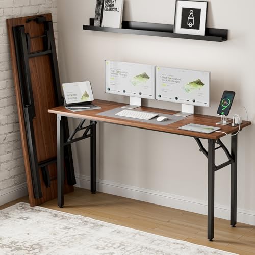 Frylr Small Folding Computer Desk – 55.1 Inch Portable Table for Craft and Study, Lightweight Desk for Small Spaces, Foldable Laptop Table Built-in AC/USB Outlets for Convenience, Dark Walnut - color: Dark Walnut, size: 55.1 x 19.7 Inch, style: With Power