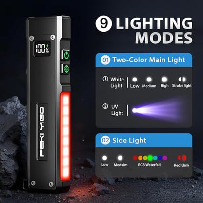 Feki Yigo Flat EDC Flashlight Rechargeable 1800 Lumens - Pocket Flashlight with 365nm UV Light, RGB Modes, Magnetic Base, Digital Display, IPX4 Waterproof for Camping, Emergency, Mechanics (Black) - color: Black