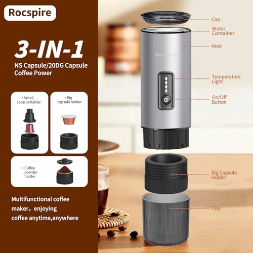 3-in-1 Portable Espresso Maker 20 Bar Self-Heating Stainless Steel Fits Ground Coffee & Nespresso Capsules USB-C Rechargeable for Camping Car Hiking Office - color: Silvery