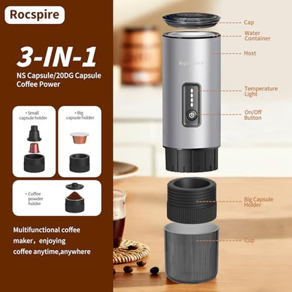 3-in-1 Portable Espresso Maker 20 Bar Self-Heating Stainless Steel Fits Ground Coffee & Nespresso Capsules USB-C Rechargeable for Camping Car Hiking Office - color: Silvery