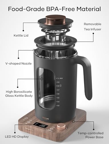 INTASTING Electric Tea Kettle, Electric Kettle with Tea Infuser, ±1℉ Knob Temperature Control, BPA-Free Glass, 1200W Fast Heating, Easy to Clean, 1 Liter (Wood) - color: Wood