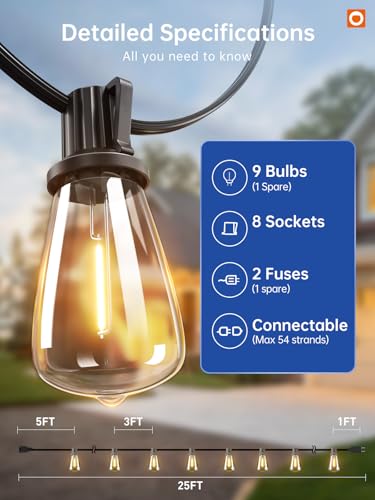 addlon 25FT LED Outdoor String Lights, Waterproof with 8+1 LED Shatterproof Bulbs (Non-Solar) Patio Light, Connectable & Waterproof Hanging Outdoor for Camping Backyard Bistro Porch