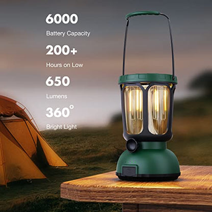 Raynic 6000 LED Camping Lantern, 650LM Hand Crank Solar Battery Powered Rechargeable Lantern, Emergency Lights for Home Power Failure, Hurricane, USB Cable Included - size: GREEN