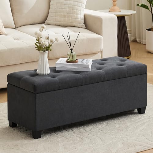 Mangodan 43 Inch Linen Storage Ottoman Bench, Foot Rest with Legs, End of Bed Bench, Storage Chest, Load up to 660 Lb, Ottoman with Storage Bench for Living Room, Bedroom, Entryway (Charcoal) - color: Charcoal