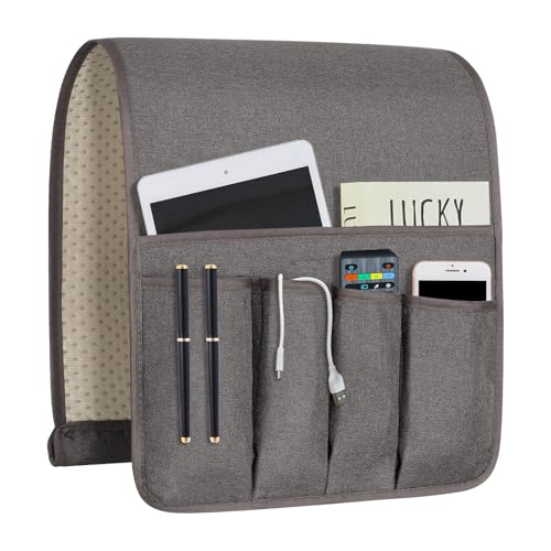 NB Remote Control Holder，Bedside & Armchair & Couch Caddy with Non-Slip Base，5 Pockets Oxford Fabric Bed Desk Storage Pocket for Phone Tablet Kindle Magazines，Gifts for Seniors (Dark Grey, 35"X12.4") - color: Dark Grey, size: 35"x12.4"