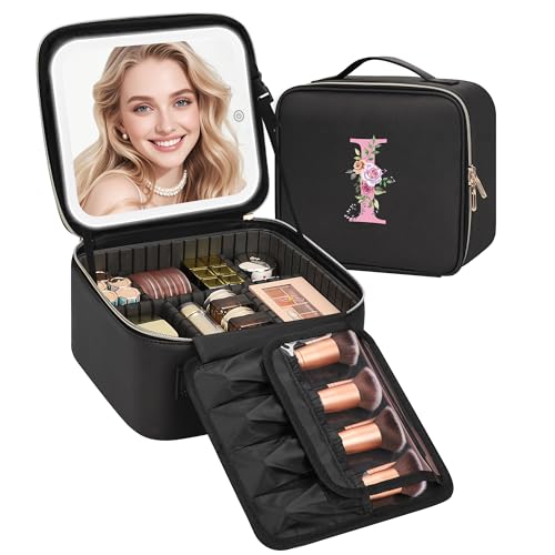 Relavel Initial Makeup Bag with LED Mirror for Women, Personalized Travel Cosmetic Organizer Train Case, Birthday Gifts for Teens Girls Grandkids Graduation Teacher Friends, Trendy Stuff, Black I - color: Black, style: I
