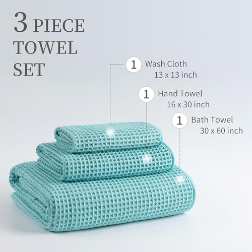 MICROFI Microfiber Waffle Bath Towels, 3 Pieces, Oversized, Soft, Absorbent, Fast Drying, Lint Free, Includes Bath, Face and Hand Towels 430 GSM - color: Turquoise