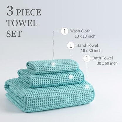 MICROFI Microfiber Waffle Bath Towels, 3 Pieces, Oversized, Soft, Absorbent, Fast Drying, Lint Free, Includes Bath, Face and Hand Towels 430 GSM - color: Turquoise