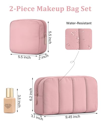 oscaurt 2 Pcs Makeup Bag Travel Toiletry Bag for Women Puffy Padded Cosmetic Pouch Purse Wide-open Makeup Organizer Case Travel Essentials - color: Deep Pink-Set