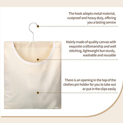 Eccliy 2 Pcs Canvas Clothespin Bag with Hanging Hook for Clothesline Outdoor 15 x 11 Inch Summer Laundry Clothes Pin Holder Portable Pin Hanging Bag Pin Storage Organizer for Home Balcony Travel,Beige