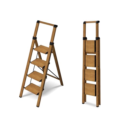 4 Step Ladder,Lightweight Folding Step Stool with Aluminum Wide Pedal& Convenient Handgrip,330lbs Capacity Steel Ladder for Household and Office(Woodgrain) - color: Woodgrain, size: 4 Step