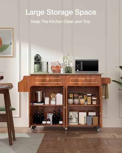Qsun Kitchen Island with Drop Leaf and Storage, on Wheels Two Drawers, Large Storage Cabinet, Towel Rack Spice Cart Brown - color: Brown