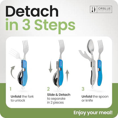 Orblue 4-in-1 Camping Utensils, 1-Pack, Portable Stainless Steel Spoon, Fork, Knife & Bottle Opener Combo Set - Travel, Backpacking Cutlery Multitool, Blue - color: 1-PACK Ultramarine Blue
