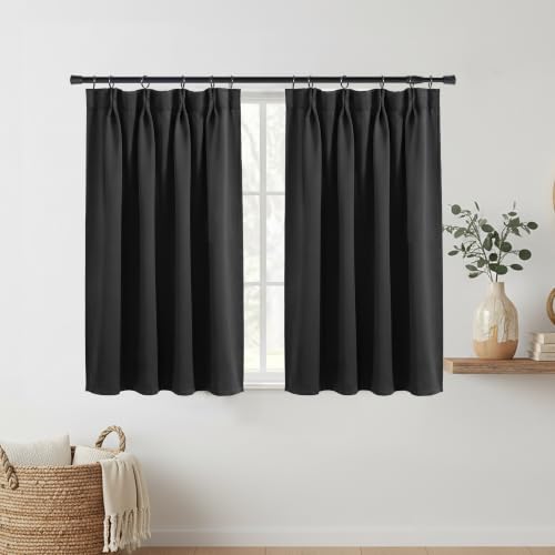 Lino Rosa Short Curtain Single Panel for Small Window, Pinch Pleated Blackout Tier Half Curtain for Windows, with Rings Clips Ready to Hang Drape for Bathroom Kitchen, (Black, 24" W x 24" L) - color: Black, size: 24"W x 24"L (Pack of 1)