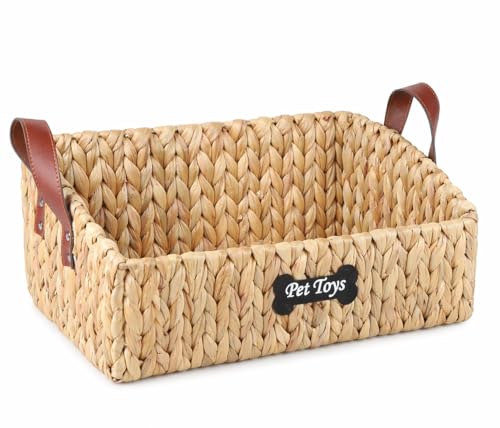 Trapezoid Pet Dog Toy Basket,Medium Dog Toy Bin,Wicker Storage Basket for Dog Cat Toys,Dog Storage Organizer for Leash Blanket Toys Snacks -Natural Farmhouse Water Hyacinth