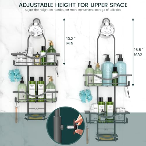 REINHARDT Shower Caddy Hanging Adjustable, Extended Length Rustproof Shower Caddy Over Shower Head with Hooks Soap Holder, Large Capacity Shower Organizer Anti-Swing Bathroom Organizer, Grey - color: Grey