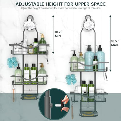 REINHARDT Shower Caddy Hanging Adjustable, Extended Length Rustproof Shower Caddy Over Shower Head with Hooks Soap Holder, Large Capacity Shower Organizer Anti-Swing Bathroom Organizer, Grey - color: Grey