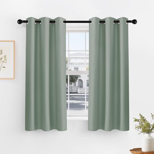 PONY DANCE Sage Green Short Blackout Curtains for Kitchen 45 Inch Length, Thermal Insulated Grommet Curtains for Bedroom, Black Out Drapes for Bathroom Small Window (2 Panels Set, 34 inches Wide) - color: Sage Green, size: 34"W x 45"L (Pack of 2)