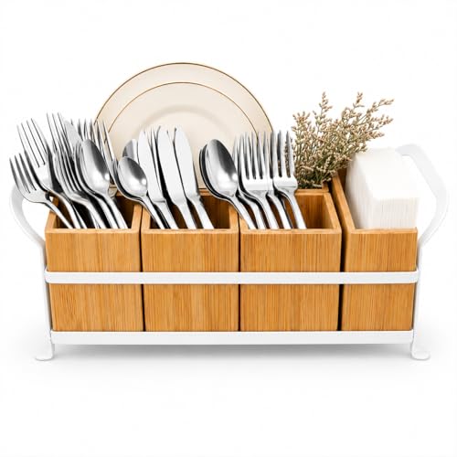 Bamboo Utensil Caddy with Handle - 5 Compartment Silverware Holder for Party & Kitchen Countertop - Removable Wooden Flatware Organizer for Picnic, BBQ, Buffet, RV & Outdoor Dining - color: white