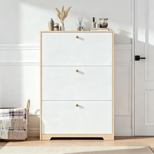 Nicetree Shoe Cabinet with 3 Flip Drawers，Freestanding Shoe Storage Cabinet, Narrow Shoe Organizer Cabinet, Farmhouse Slim Shoe Rack Cabinet for Entryway, Natural Oak and White with Hook - color: Natural Oak and White, style: 3-Drawers with Hook
