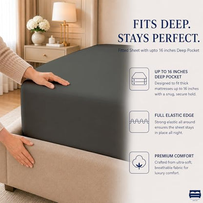 Cottingon 4 Piece Queen Sheets, 100% Extra Long Staple Premium Egyptian Cotton, Soft Camper Queen Bed Sheet Set, Fits Upto 16" Deep Mattress 60"X80", Dark Grey - color: Dark Grey Solid, size: Queen