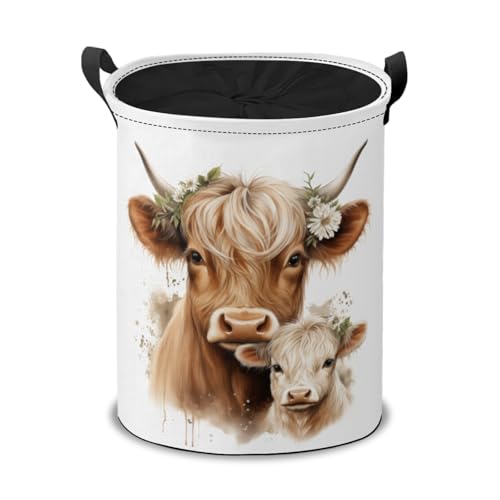 Highland Cow with Flowers Laundry Hamper Basket,Cow Mom and Calf Collapsible Portable Laundry Bag, Storage Bins Toys Storage Gifts Basket, Bedroom Home Nursery Decor for Baby Girl Women - color: Cow Mom and Calf