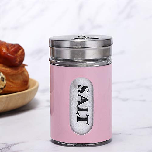 Salt and Pepper Shakers Stainless Steel and Glass Set with Adjustable Pour Holes (Pink) - color: Pink