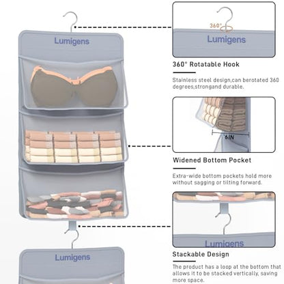 Lumigens Hanging Sock & Underwear Organizer, Hanging Closet Organizer with Pockets, Bra Hanger for Closet Organizer with 360° Rotating Hook, Space Saving Hanging Storage for Wall, Bedroom, RV