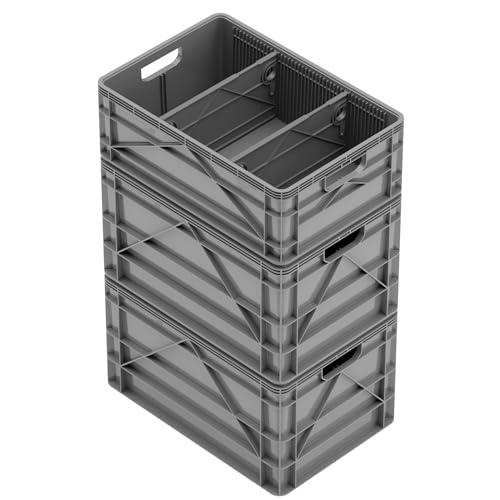 SIDIO Crate Basic Pack - 2 Full-Size & 1 Half-Size Heavy Duty Stackable Storage Bins, Totes and Containers with Dividers - Durable Plastic Organizer for Home, Office, Garage, and Outdoor Use, Gray - color: Gray