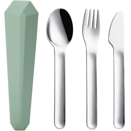 DEVICO Utensils for Lunch Box, 4Pcs Travel Silverware Set with Case, Green | Portable Silicone Case, 18/8 Stainless Steel Fork Spoon Knife Set for Work School Picnic, Reusable Camping Cutlery for Kids - color: Green