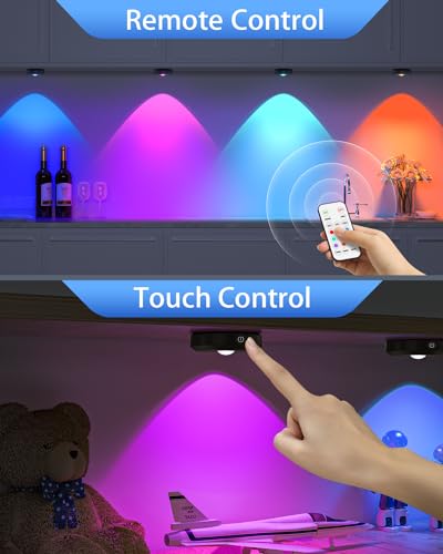 WILLED Rechargeable RGB Puck Lights with Remote Control, 1200mAh Battery Operated Tap Lights, Dimmable Touch Under Cabinet Lighting, Wireless Push Light, LED USB Shelf Light (6 Pack) - color: Black, size: Rgb Multicolor