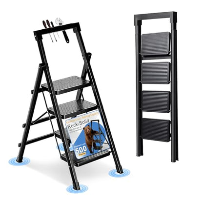 4 Step Ladder with Handrail Folding Step Stool with Tool Tray | 500LBS Capacity Sturdy Carbon Steel Frame Anti-Slip Stripe Pedal for Home Kitchen Garage (black-4step) - color: Black-tool, size: 4 step
