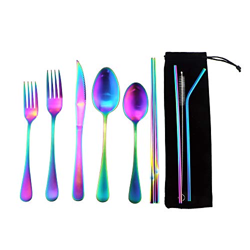 Rainbow Reusable Utensils with Case Camping Travel Silverware Set,Portable Stainless Steel Cutlery Set - Matte Flatware Set Knife Fork Spoon Mirror Straws Chopsticks - for Office Lunch, Hiking,School - color: Rainbow