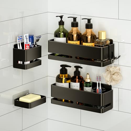 Bathroom Shower Caddy (5-piece Set), wall-Mounted Shelf with soap Dish and Toothbrush Holder, no Drilling Required, Ideal for Bathroom Storage and Also Suitable for Kitchen (Black) - size: Black-5-piece set
