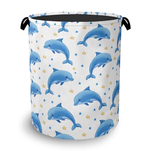 Cute Dolphins Laundry Basket,Stars Foldable Oxford Cloth Tote Bag Laundry Hamper Clothes Storage Bucket Organizer for Bedroom Laundry Storage Dormitories 16" x 20.8" - color: Cute Dolphins Stars
