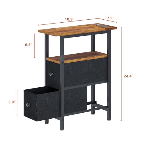 TRIFEBLE End Table with Charging Station, Narrow Side Table with 2 Fabric Drawers, Skinny Nightstand with LED Light, Slim Bedside Table for Bedroom, Living Room, Small Spaces, Rustic Brown and Black - color: Rustic Brown + Black
