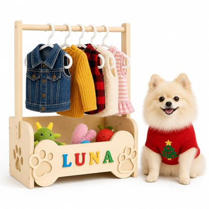 Personalized Dog Wardrobe for Small Dogs – Wooden Clothes Rack with 10 Hangers, DIY Name Plate & Toy Bin | Unique Dog Mom Gift for Chihuahua Yorkie Pomeranian