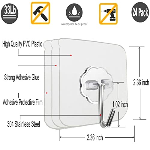 Jwxstore 12 Pack Adhesive Wall Hooks 33LB Heavy Duty No Drill Transparent Waterproof Hooks for Bathroom Kitchen Towel Coat Office Home Outdoor - size: 12 Pack