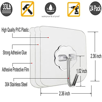 Jwxstore 12 Pack Adhesive Wall Hooks 33LB Heavy Duty No Drill Transparent Waterproof Hooks for Bathroom Kitchen Towel Coat Office Home Outdoor - size: 12 Pack
