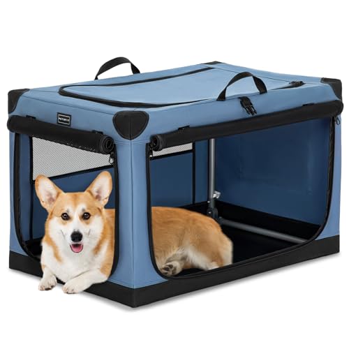PETSFIT 30" Soft Portable Dog Crate – Patented Spiral Sturdy Frame, Collapsible Travel Kennel for Medium Dogs, 3 Mesh Door, Lockable Zippers, Indoor & Car Use Blue - color: Blue, size: 30.0"L x 20.0"W x 19.0"H
