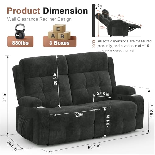 Reclining Loveseat, 55.1" RV PU Leather Wall Hugger Recliner Love Seats Sofa with Charging Station, Removable Armrest, Cup Holder, Double Recliners Couch, Manual Love Seat for Living Room - color: Fabric Gray, size: Hera - Loveseat