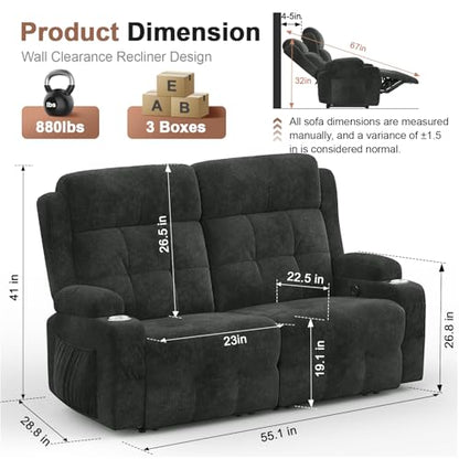 Reclining Loveseat, 55.1" RV PU Leather Wall Hugger Recliner Love Seats Sofa with Charging Station, Removable Armrest, Cup Holder, Double Recliners Couch, Manual Love Seat for Living Room - color: Fabric Gray, size: Hera - Loveseat