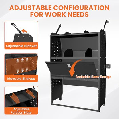 Adjustable Cargo Van Shelving with Lockable Door and Hooks, Heavy Duty Steel Storage 32" W x 46" H x 13" D, Fits Transit, ProMaster, Chevy Express, GMC Savana, Sprinter, Low/Mid/High Roof - size: 32" W x 46" H x 13" D
